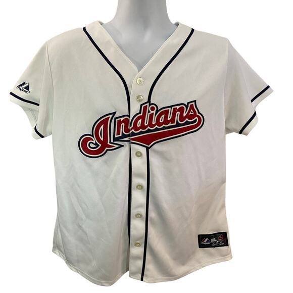 Majestic Indians Baseball Jersey White Button-Up Medium Red Navy Logo - Picture 1 of 9
